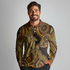 Orange Indigenous Dragonfly Australia Long Sleeve Polo Shirt Aboriginal Art - Aussie Hoodie