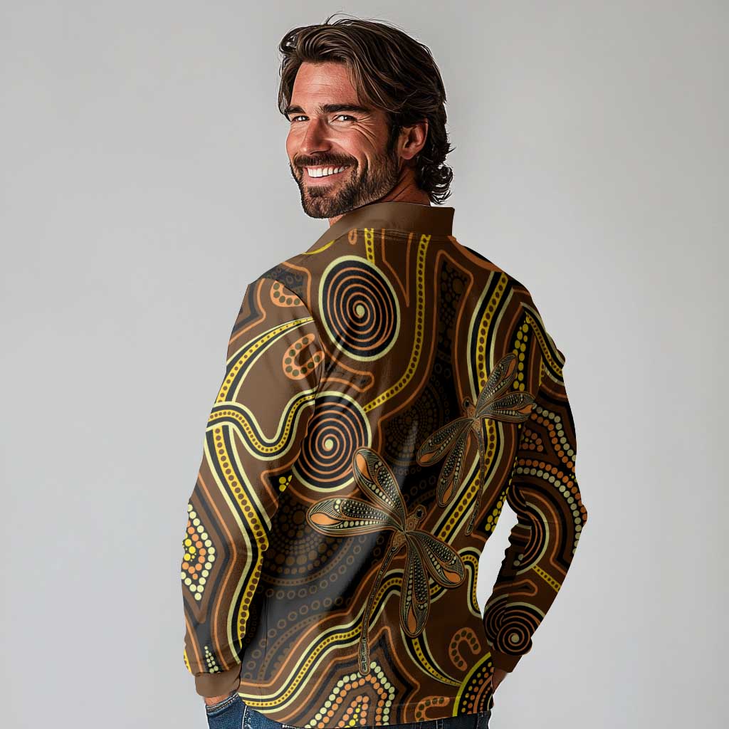 Orange Indigenous Dragonfly Australia Long Sleeve Polo Shirt Aboriginal Art - Aussie Hoodie