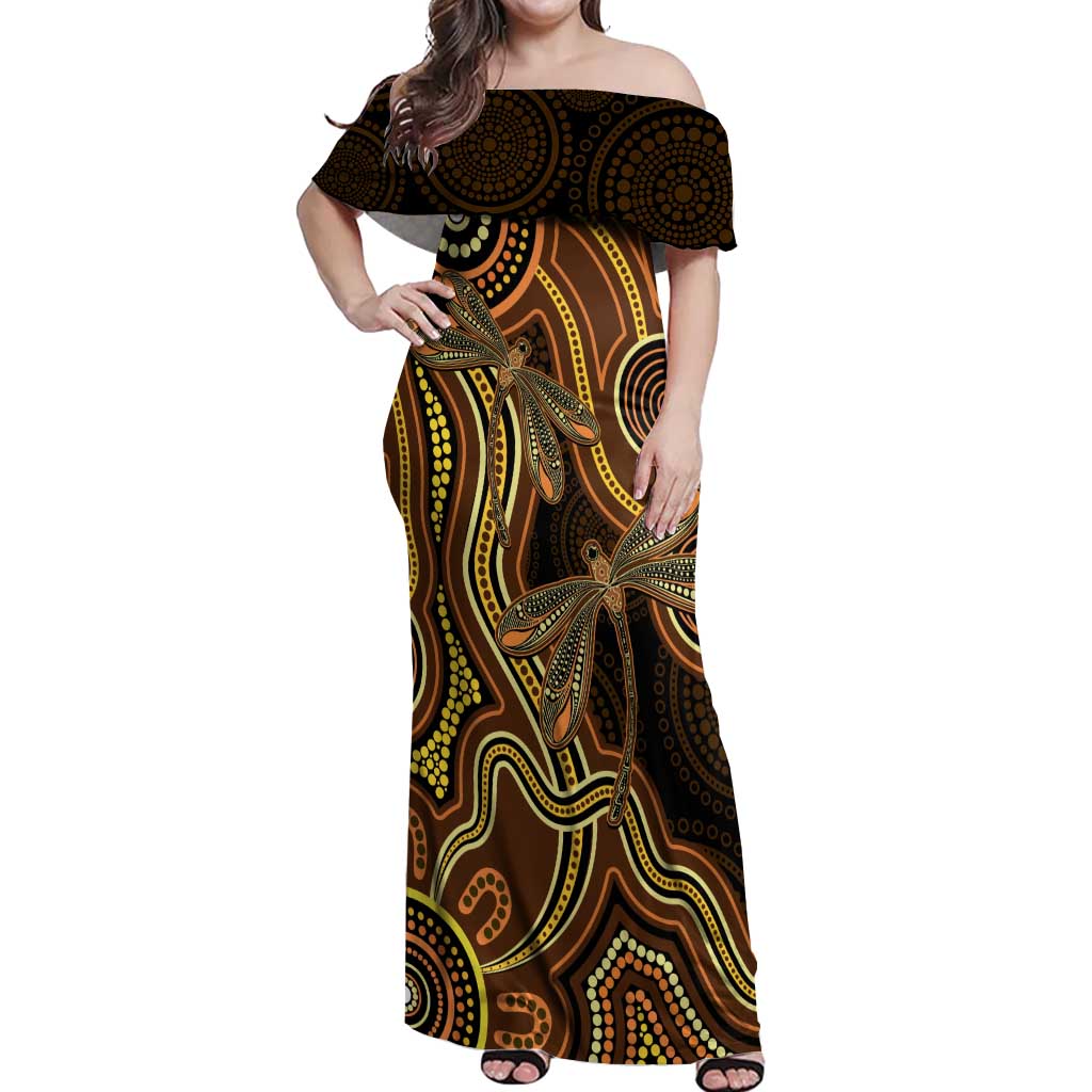Orange Indigenous Dragonfly Australia Off Shoulder Maxi Dress Aboriginal Art - Aussie Hoodie