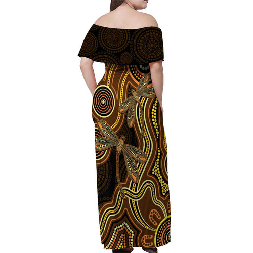 Orange Indigenous Dragonfly Australia Off Shoulder Maxi Dress Aboriginal Art - Aussie Hoodie