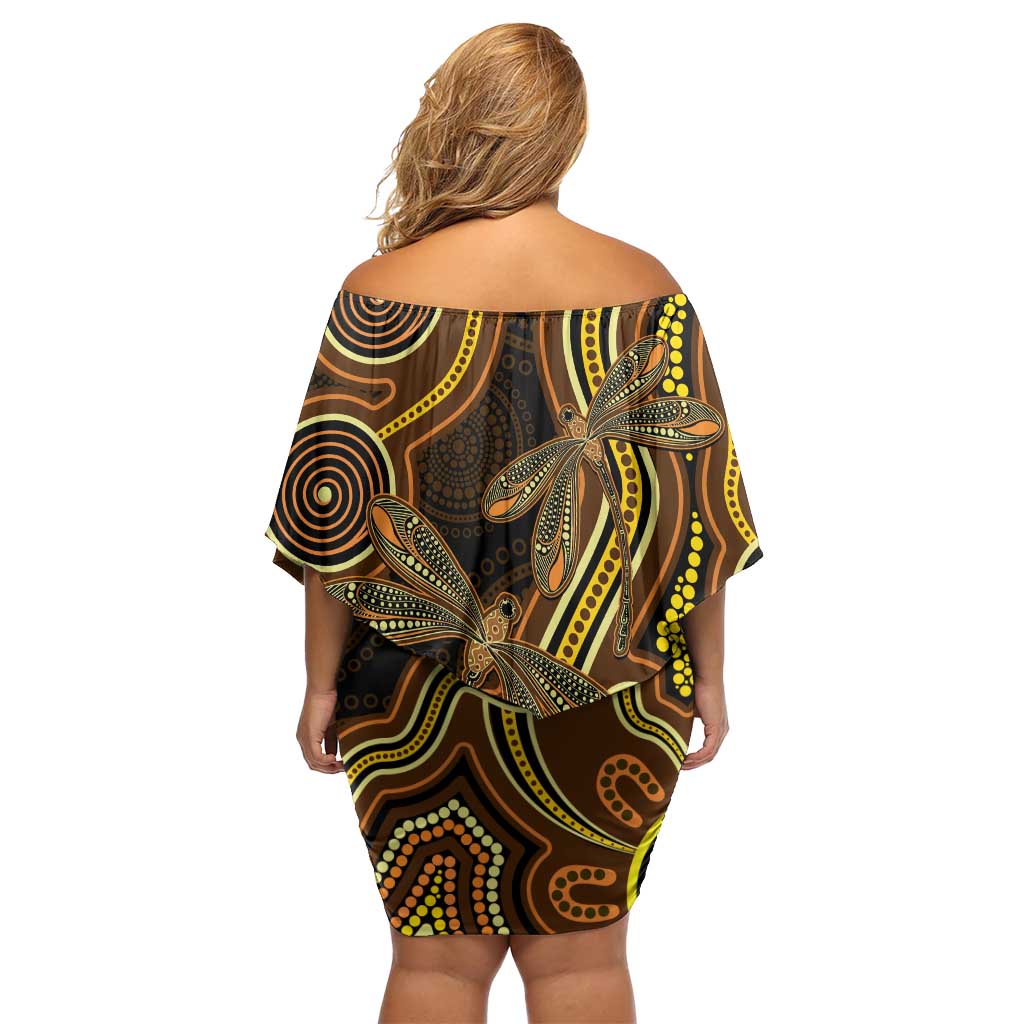 Orange Indigenous Dragonfly Australia Off Shoulder Short Dress Aboriginal Art - Aussie Hoodie