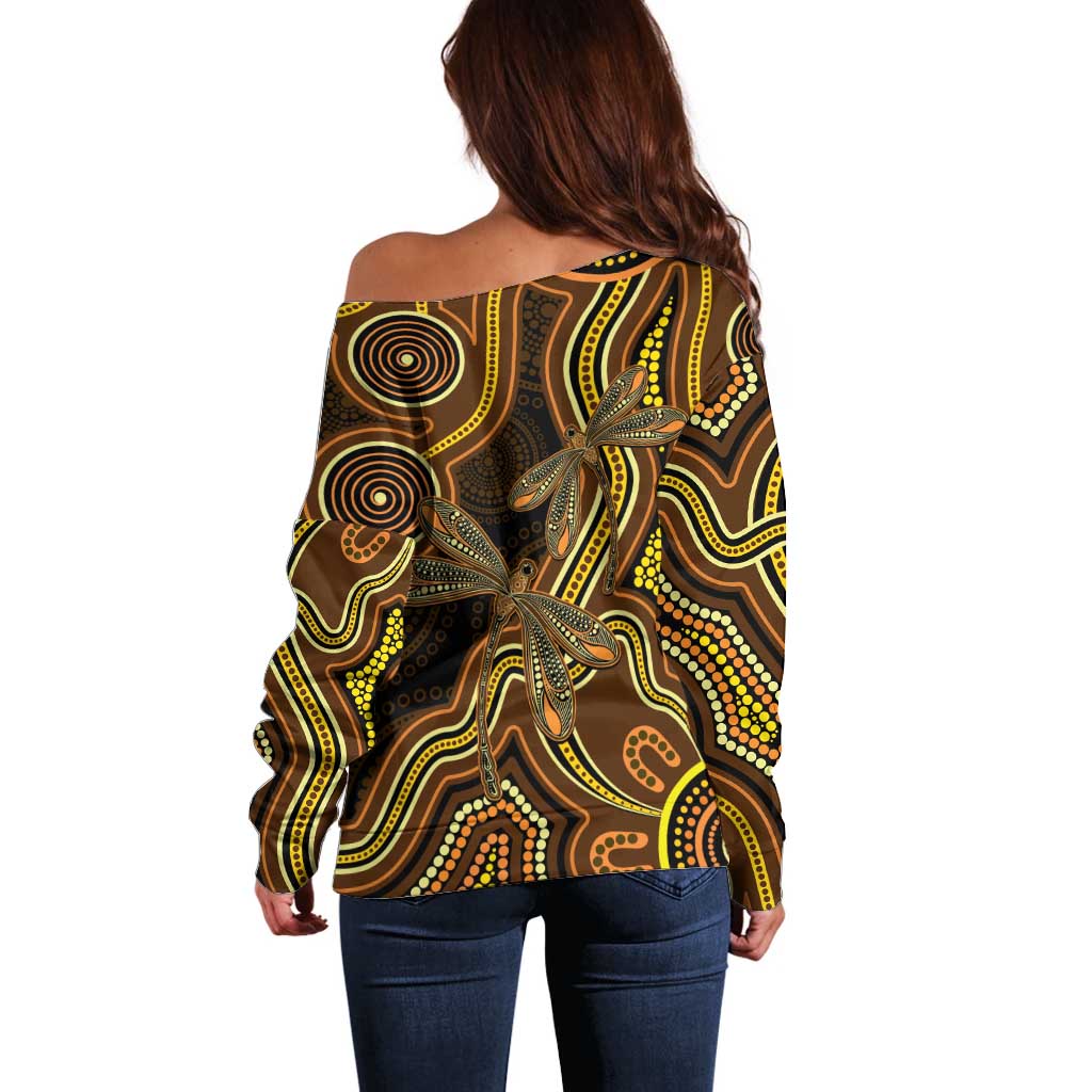 Orange Indigenous Dragonfly Australia Off Shoulder Sweater Aboriginal Art - Aussie Hoodie