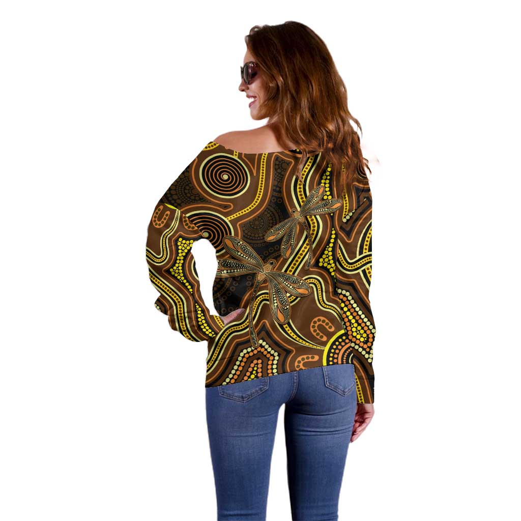 Orange Indigenous Dragonfly Australia Off Shoulder Sweater Aboriginal Art - Aussie Hoodie