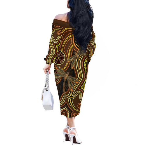 Orange Indigenous Dragonfly Australia Off The Shoulder Long Sleeve Dress Aboriginal Art - Aussie Hoodie