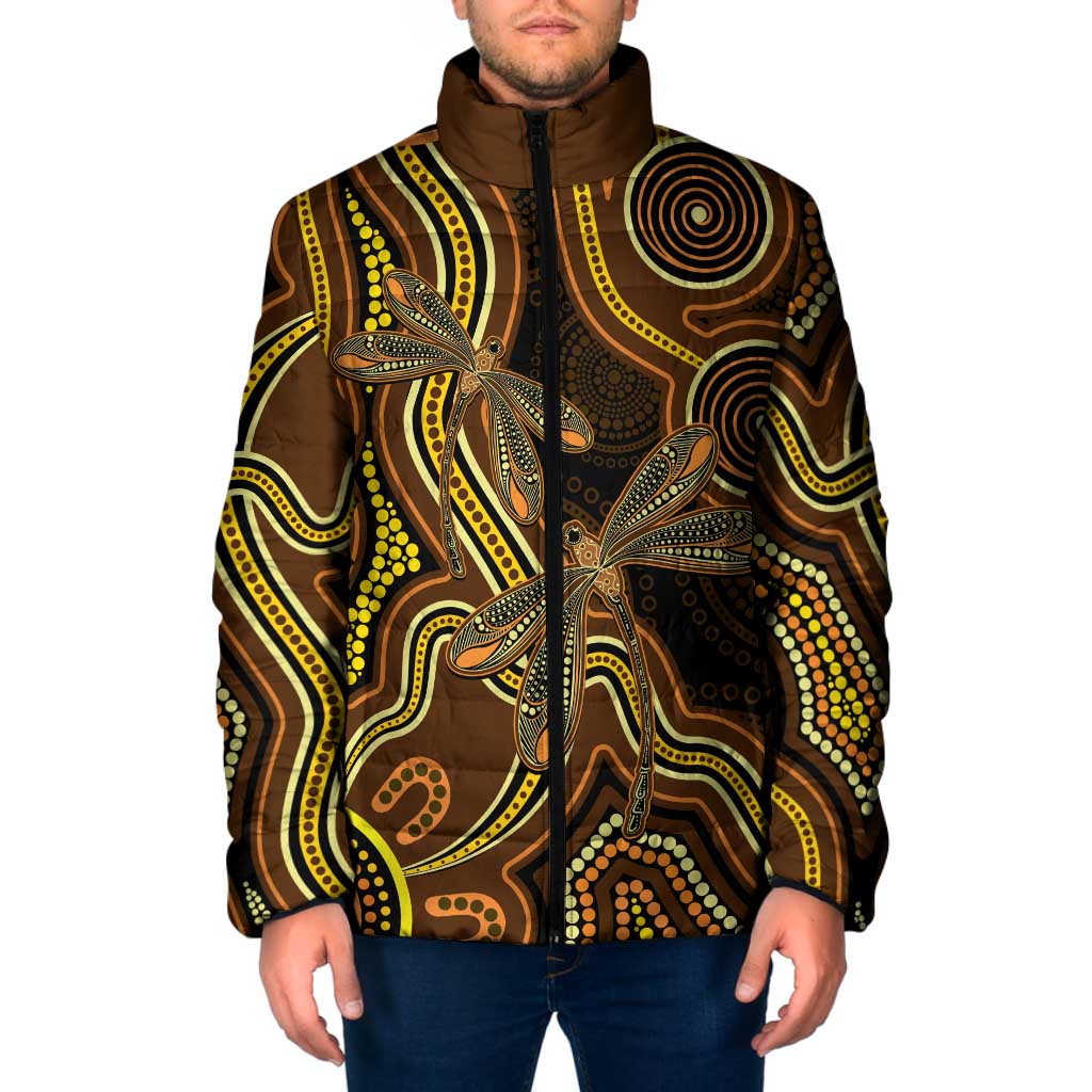 Orange Indigenous Dragonfly Australia Padded Jacket Aboriginal Art - Aussie Hoodie