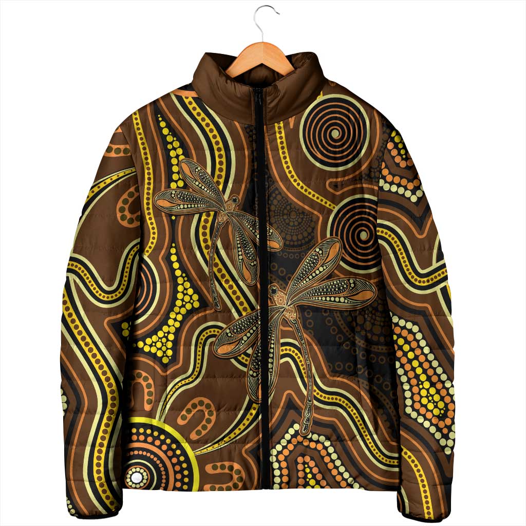 Orange Indigenous Dragonfly Australia Padded Jacket Aboriginal Art - Aussie Hoodie