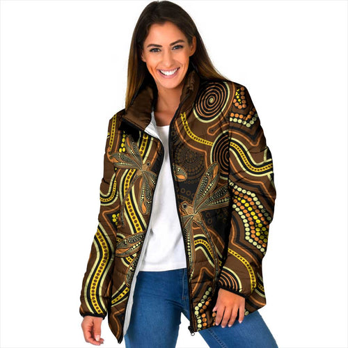 Orange Indigenous Dragonfly Australia Padded Jacket Aboriginal Art - Aussie Hoodie