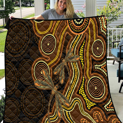 Orange Indigenous Dragonfly Australia Quilt Aboriginal Art - Aussie Hoodie
