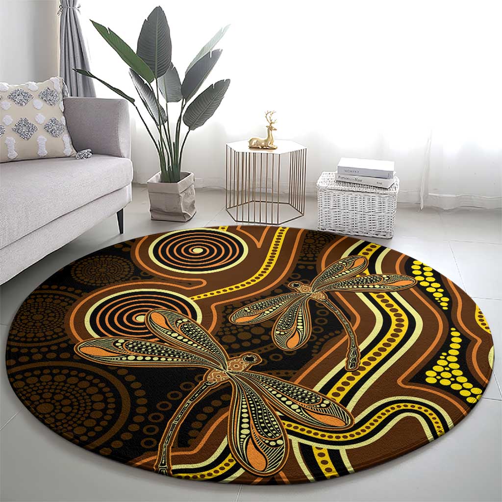 Orange Indigenous Dragonfly Australia Round Carpet Aboriginal Art - Aussie Hoodie