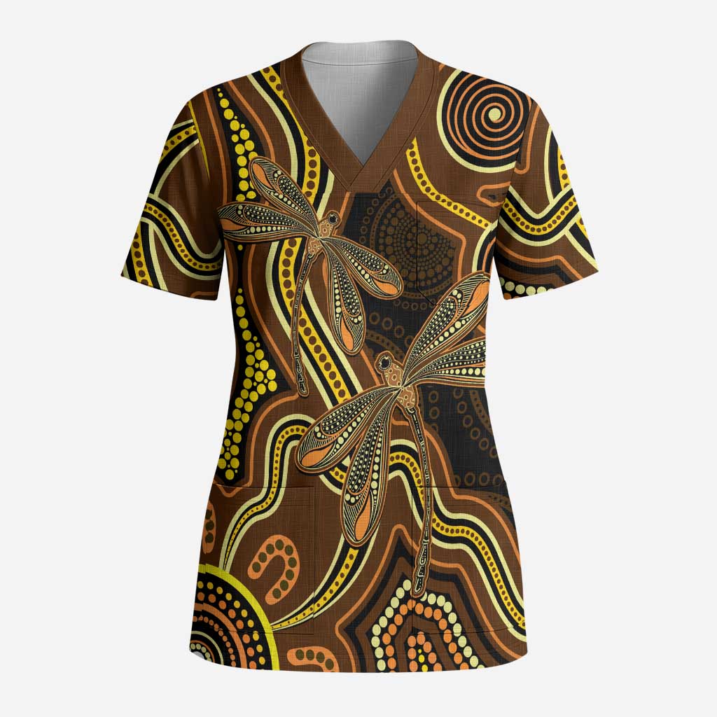 Orange Indigenous Dragonfly Australia Scrub Top Aboriginal Art - Aussie Hoodie