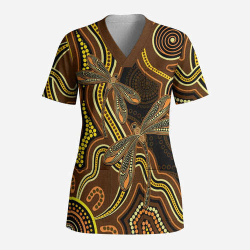 Orange Indigenous Dragonfly Australia Scrub Top Aboriginal Art - Aussie Hoodie