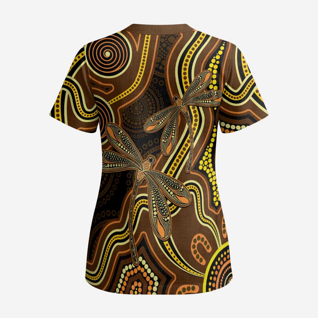 Orange Indigenous Dragonfly Australia Scrub Top Aboriginal Art - Aussie Hoodie