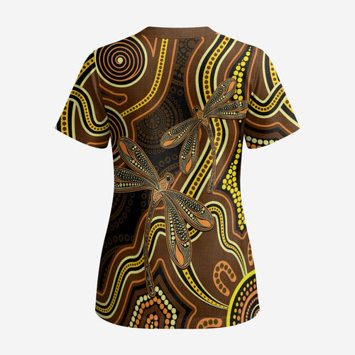 Orange Indigenous Dragonfly Australia Scrub Top Aboriginal Art - Aussie Hoodie