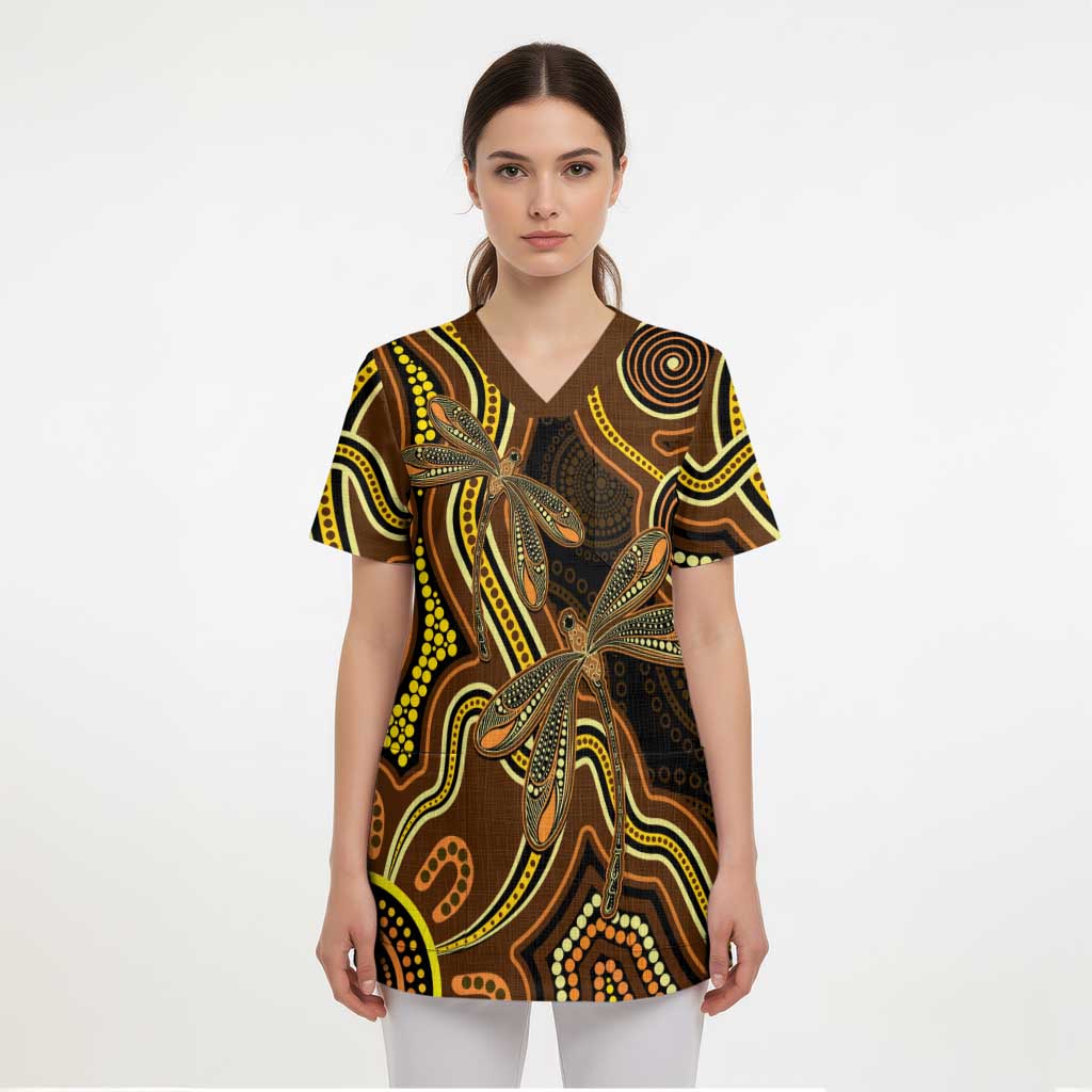 Orange Indigenous Dragonfly Australia Scrub Top Aboriginal Art - Aussie Hoodie