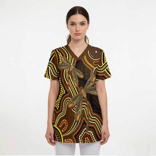 Orange Indigenous Dragonfly Australia Scrub Top Aboriginal Art - Aussie Hoodie