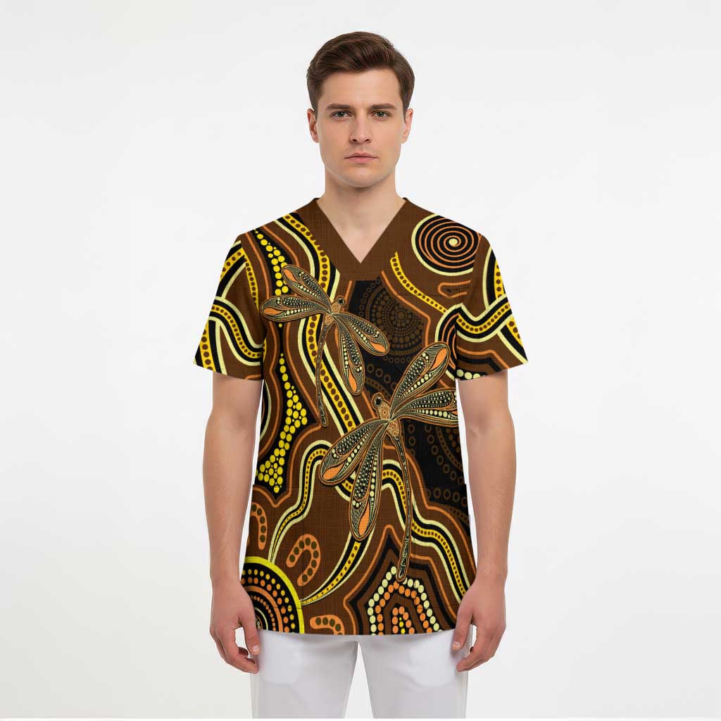 Orange Indigenous Dragonfly Australia Scrub Top Aboriginal Art - Aussie Hoodie