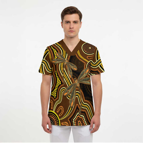 Orange Indigenous Dragonfly Australia Scrub Top Aboriginal Art - Aussie Hoodie