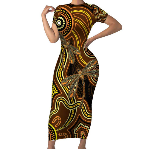 Orange Indigenous Dragonfly Australia Short Sleeve Bodycon Dress Aboriginal Art - Aussie Hoodie