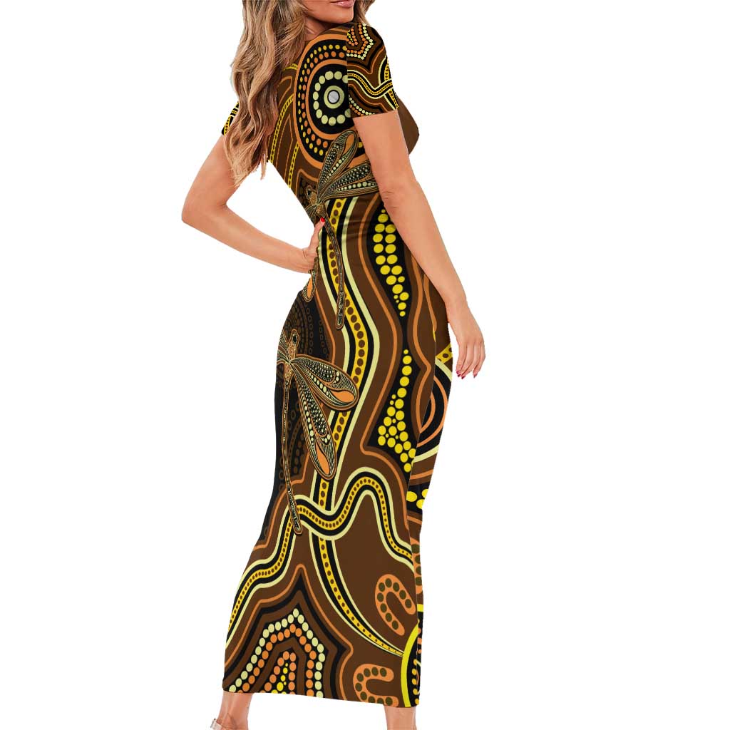Orange Indigenous Dragonfly Australia Short Sleeve Bodycon Dress Aboriginal Art - Aussie Hoodie