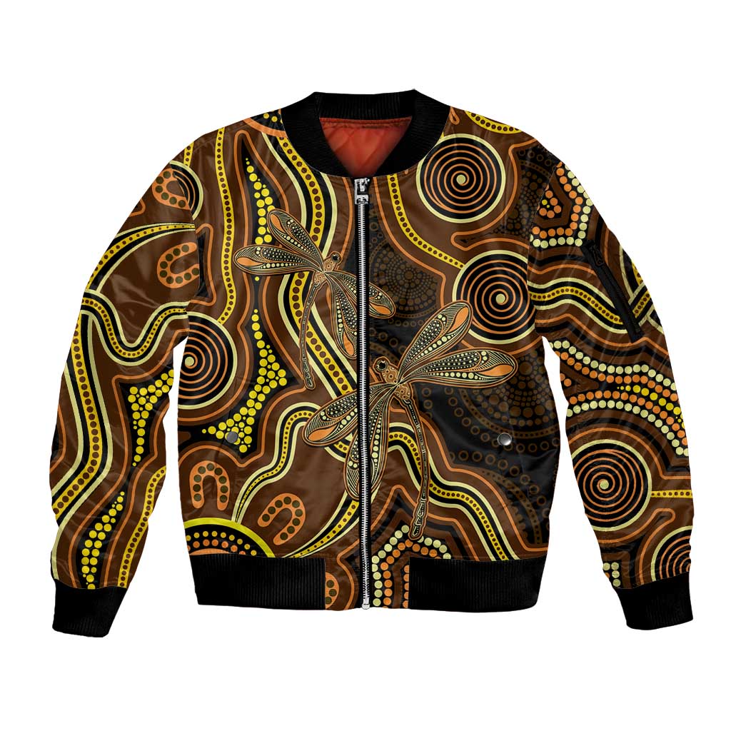 Orange Indigenous Dragonfly Australia Sleeve Zip Bomber Jacket Aboriginal Art - Aussie Hoodie