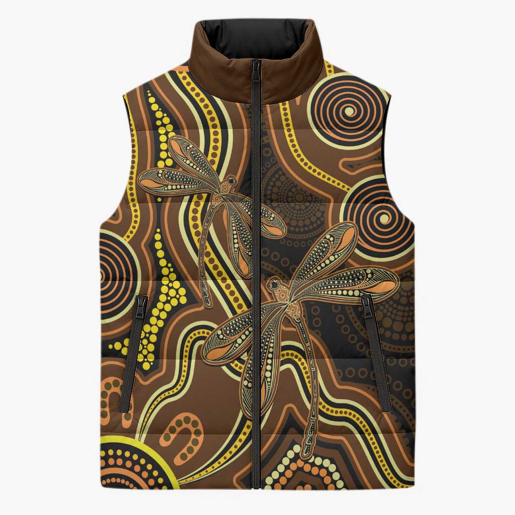 Orange Indigenous Dragonfly Australia Sleeveless Puffer Jacket Aboriginal Art - Aussie Hoodie