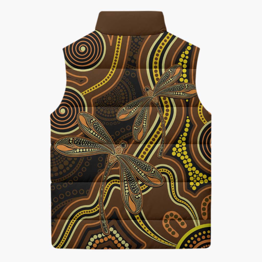 Orange Indigenous Dragonfly Australia Sleeveless Puffer Jacket Aboriginal Art - Aussie Hoodie