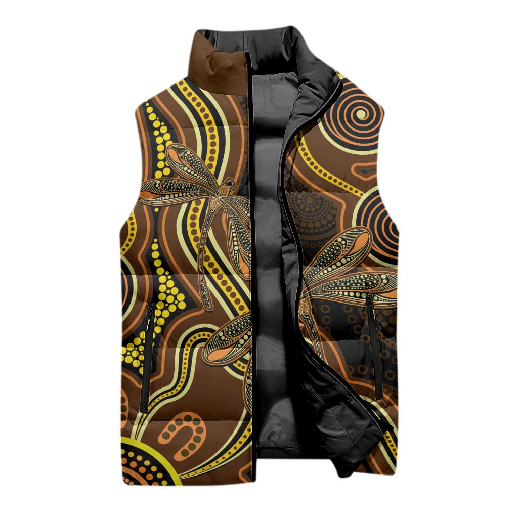Orange Indigenous Dragonfly Australia Sleeveless Puffer Jacket Aboriginal Art - Aussie Hoodie