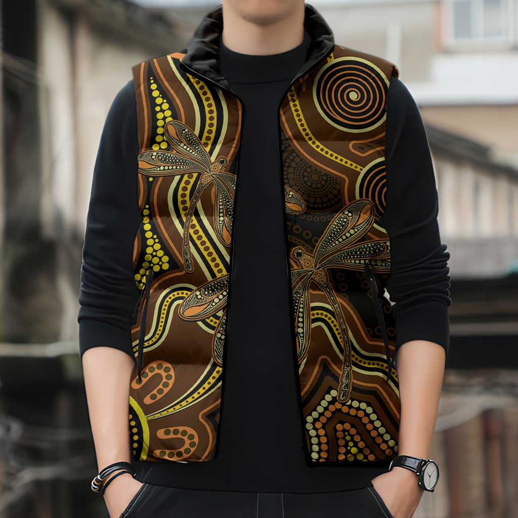 Orange Indigenous Dragonfly Australia Sleeveless Puffer Jacket Aboriginal Art - Aussie Hoodie