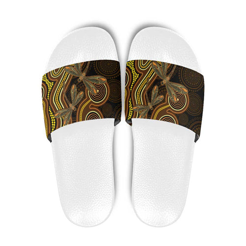 Orange Indigenous Dragonfly Australia Slide Sandals Aboriginal Art - Aussie Hoodie