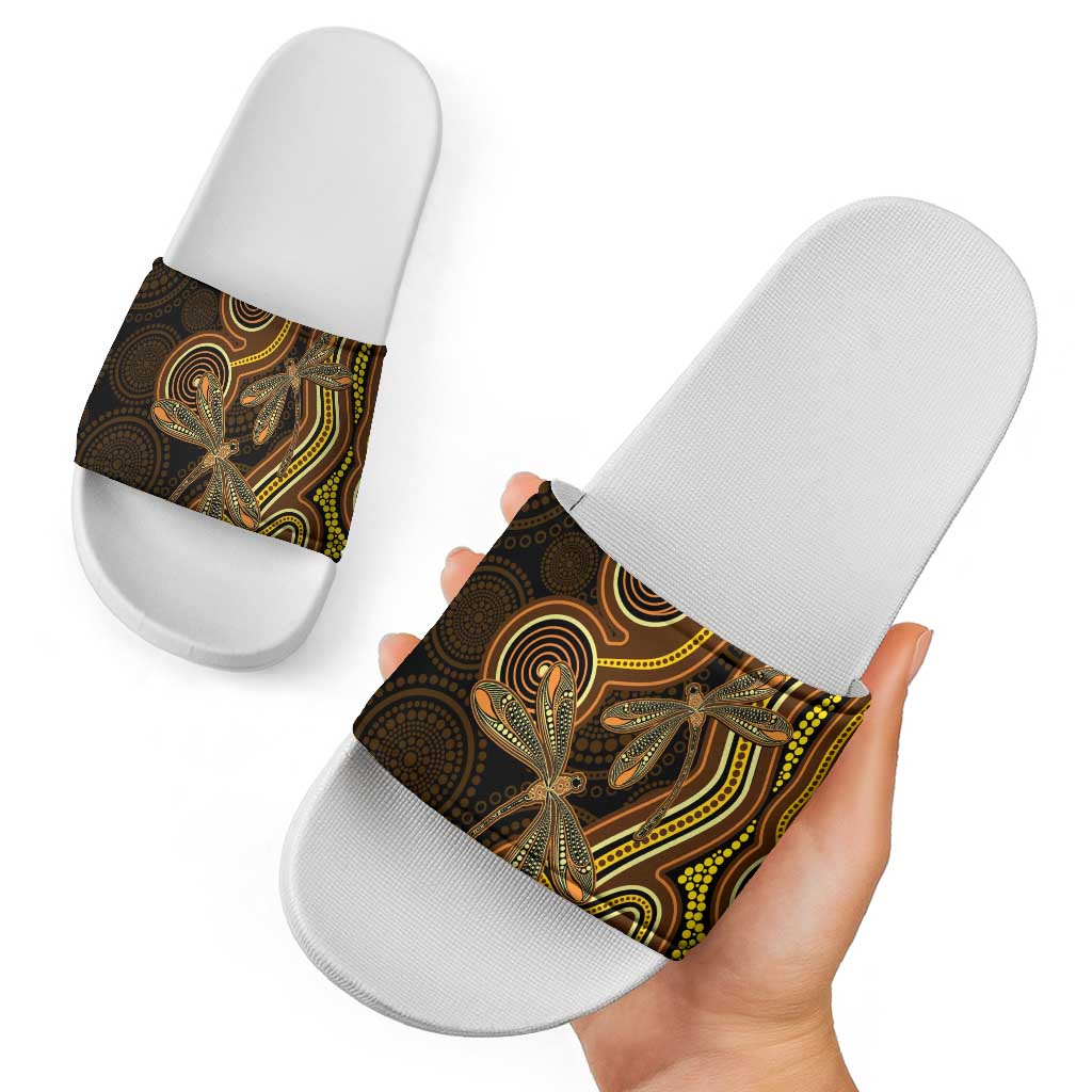 Orange Indigenous Dragonfly Australia Slide Sandals Aboriginal Art - Aussie Hoodie