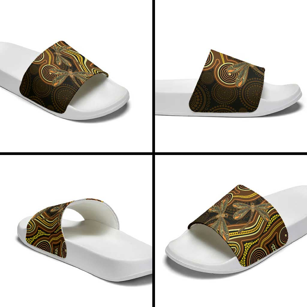 Orange Indigenous Dragonfly Australia Slide Sandals Aboriginal Art - Aussie Hoodie