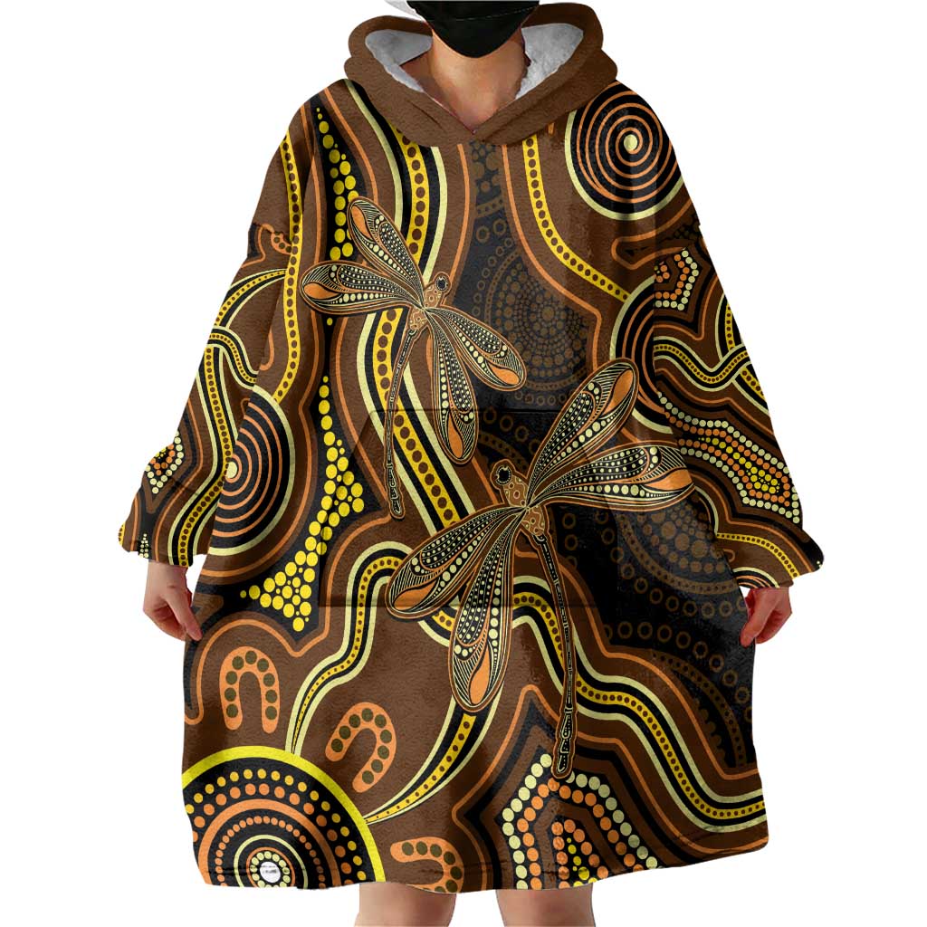 Orange Indigenous Dragonfly Australia Wearable Blanket Hoodie Aboriginal Art - Aussie Hoodie