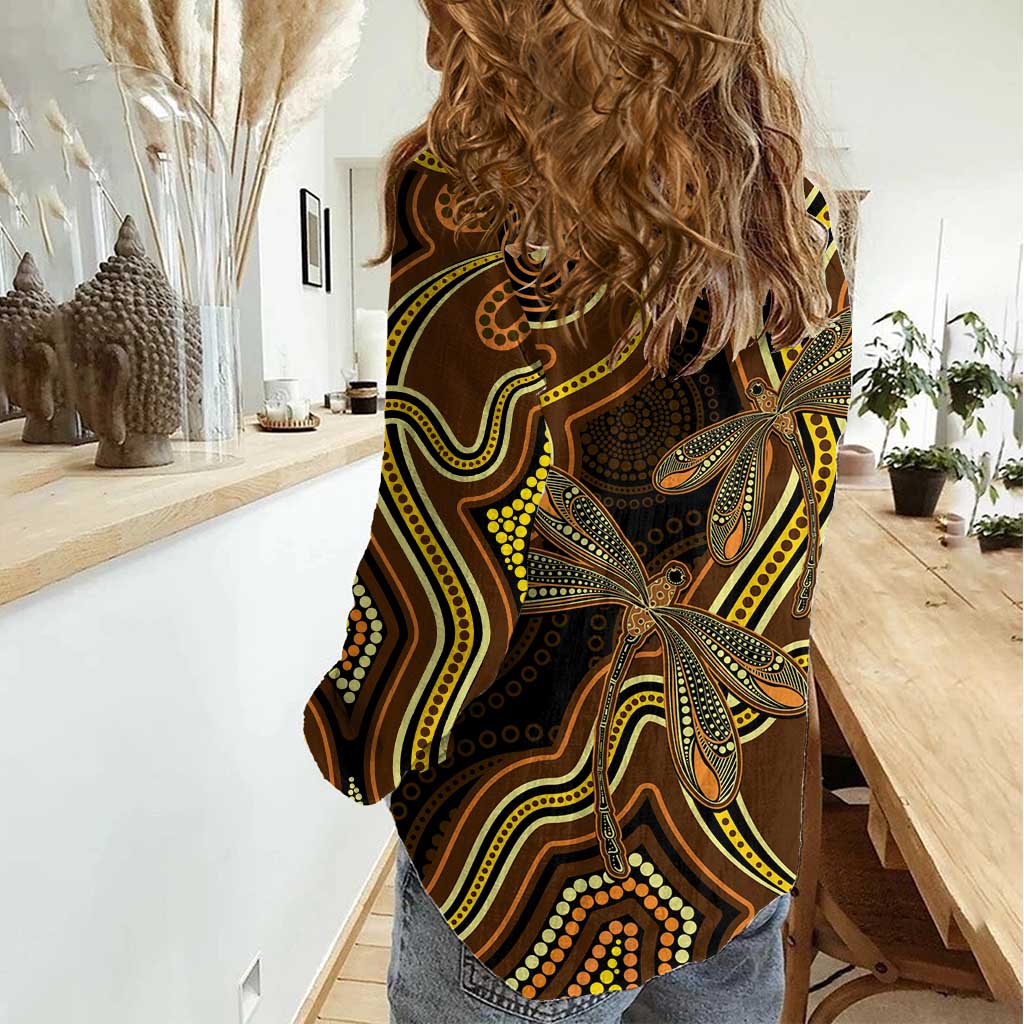 Orange Indigenous Dragonfly Australia Women Casual Shirt Aboriginal Art - Aussie Hoodie