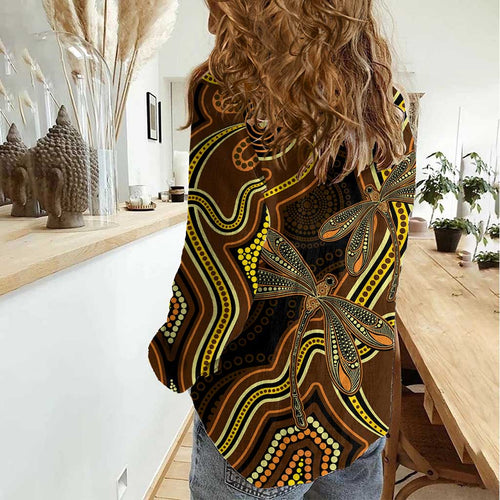 Orange Indigenous Dragonfly Australia Women Casual Shirt Aboriginal Art - Aussie Hoodie