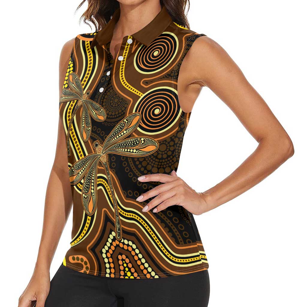 Orange Indigenous Dragonfly Australia Women Sleeveless Polo Shirt Aboriginal Art - Aussie Hoodie