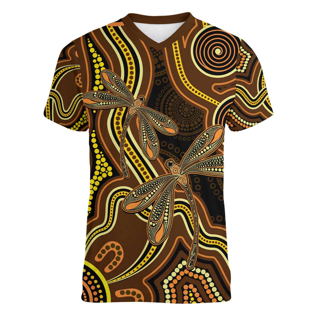 Orange Indigenous Dragonfly Australia Women V-Neck T-Shirt Aboriginal Art - Aussie Hoodie