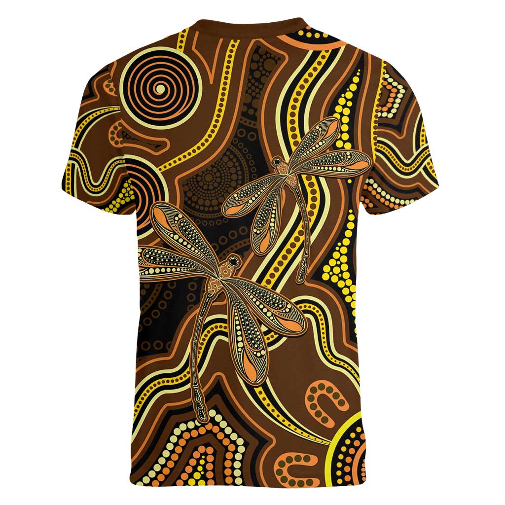 Orange Indigenous Dragonfly Australia Women V-Neck T-Shirt Aboriginal Art - Aussie Hoodie
