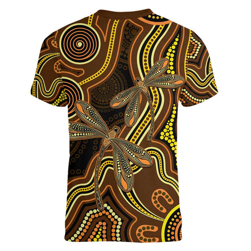 Orange Indigenous Dragonfly Australia Women V-Neck T-Shirt Aboriginal Art - Aussie Hoodie