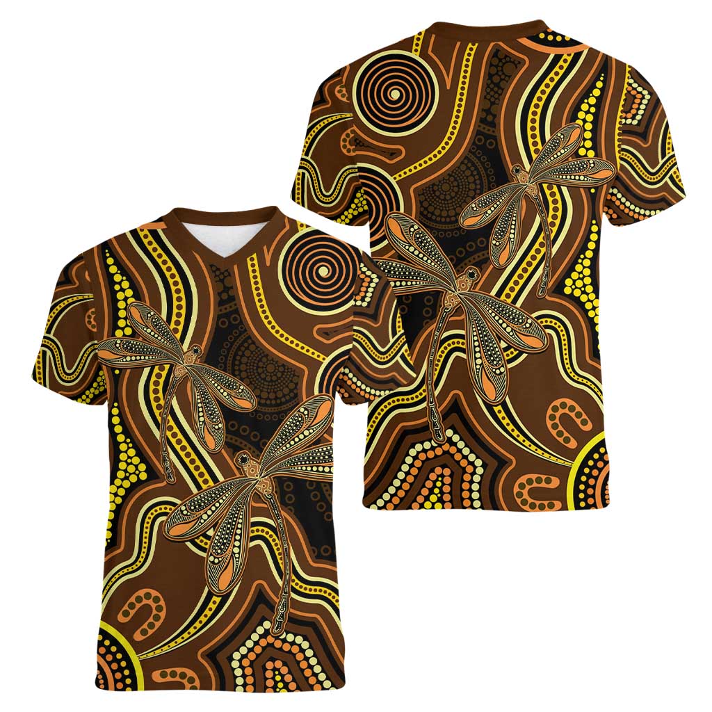 Orange Indigenous Dragonfly Australia Women V-Neck T-Shirt Aboriginal Art - Aussie Hoodie