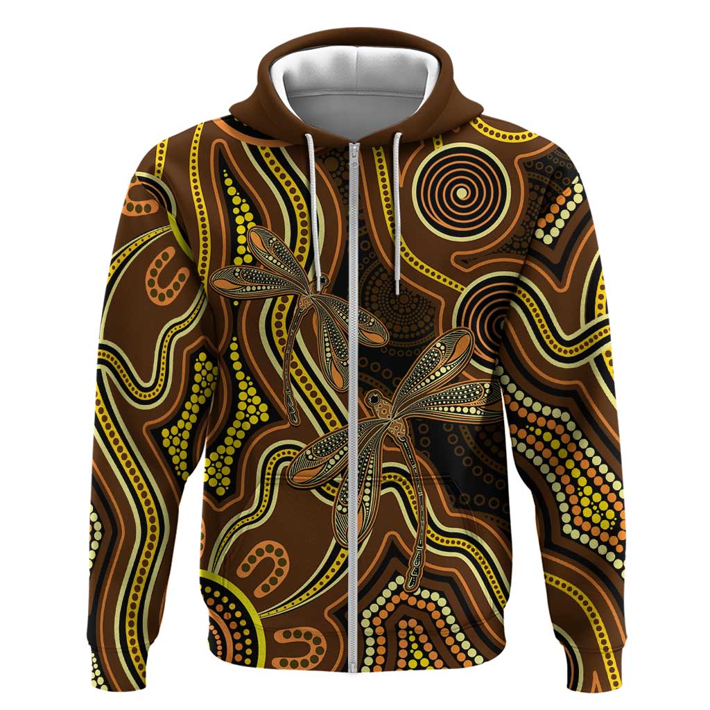 Orange Indigenous Dragonfly Australia Zip Hoodie Aboriginal Art - Aussie Hoodie