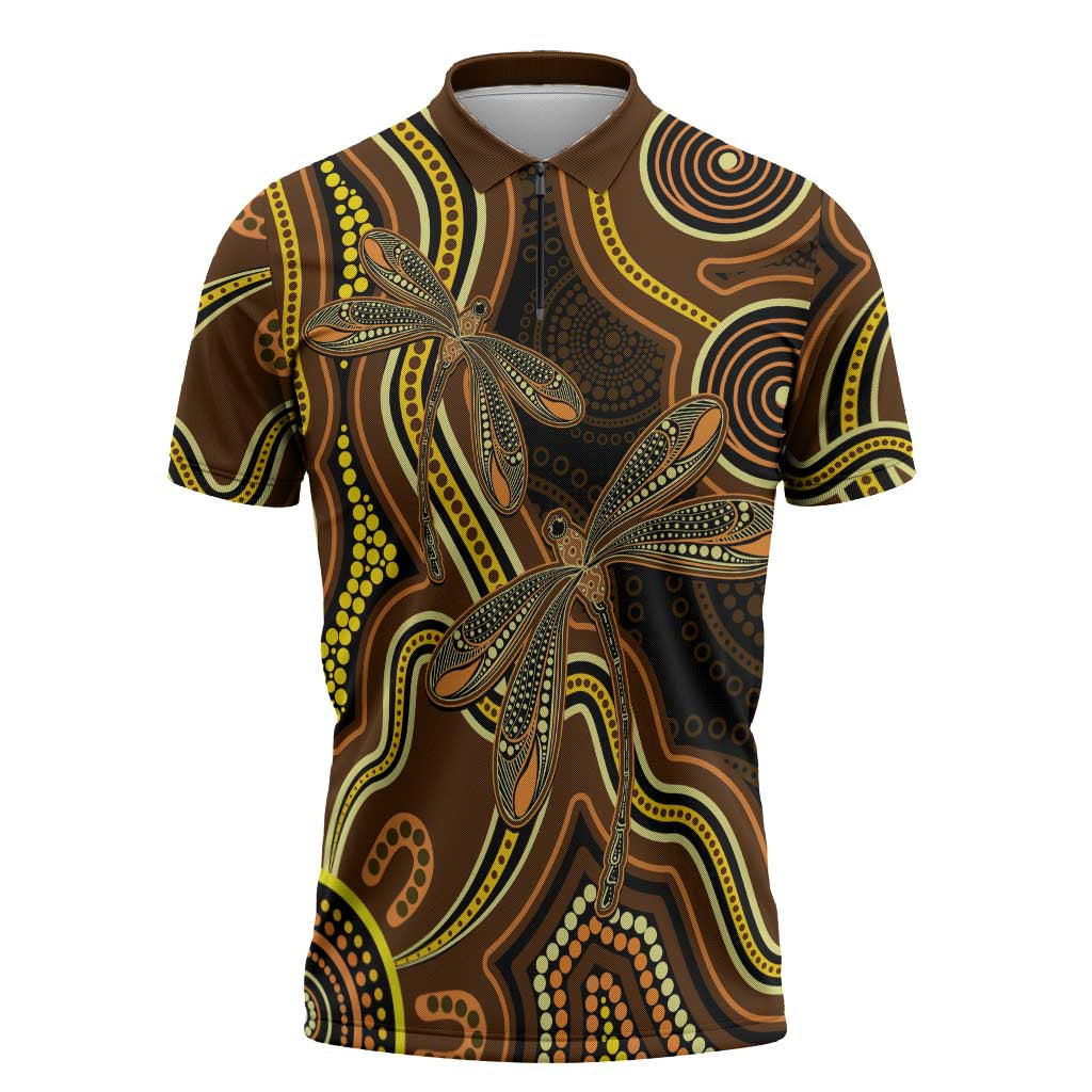 Orange Indigenous Dragonfly Australia Zipper Polo Shirt Aboriginal Art - Aussie Hoodie