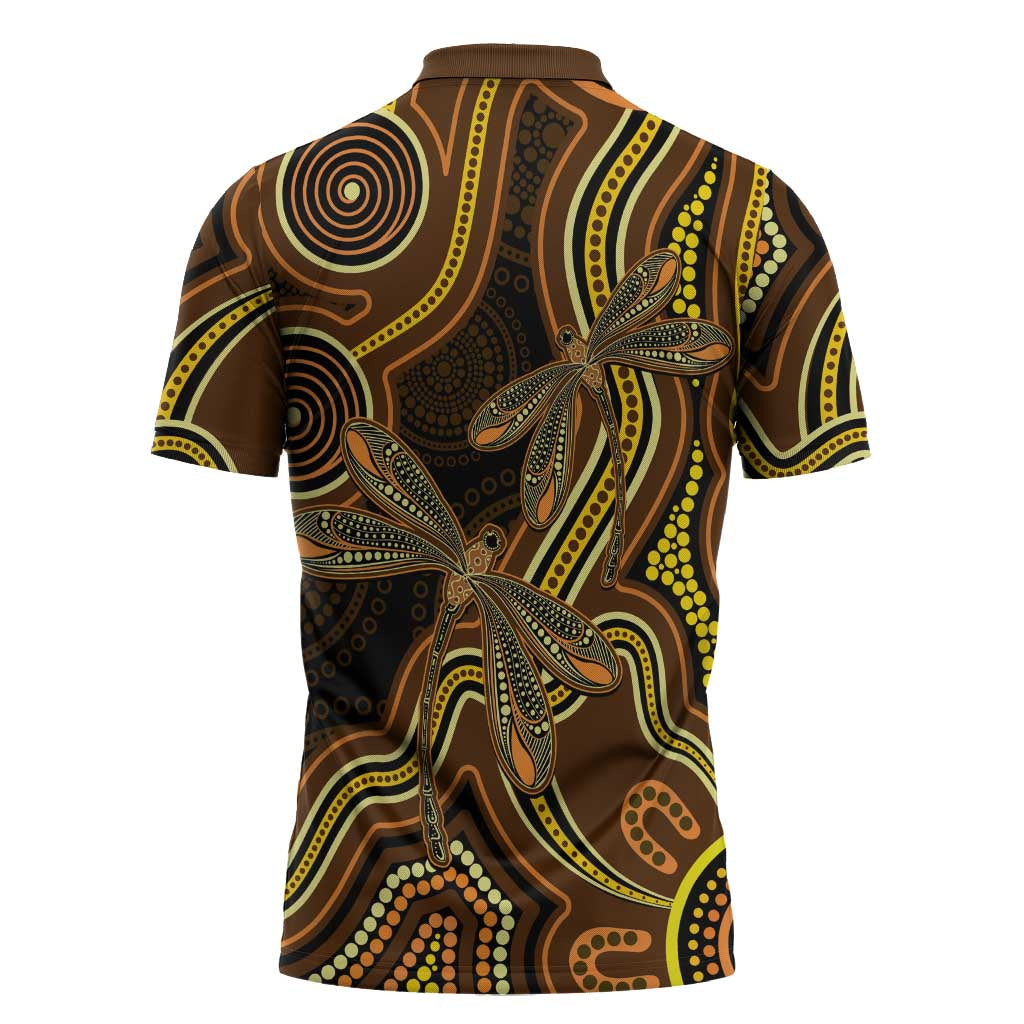 Orange Indigenous Dragonfly Australia Zipper Polo Shirt Aboriginal Art - Aussie Hoodie