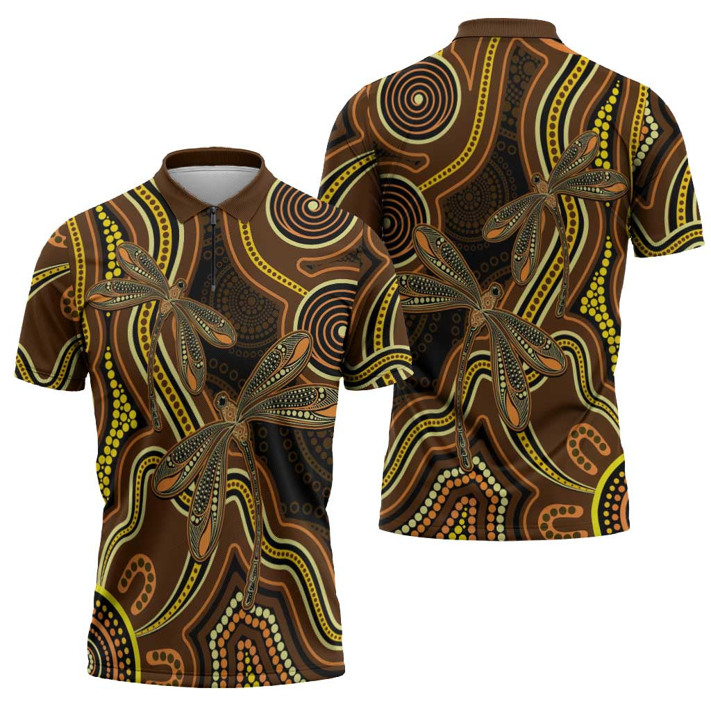 Orange Indigenous Dragonfly Australia Zipper Polo Shirt Aboriginal Art - Aussie Hoodie