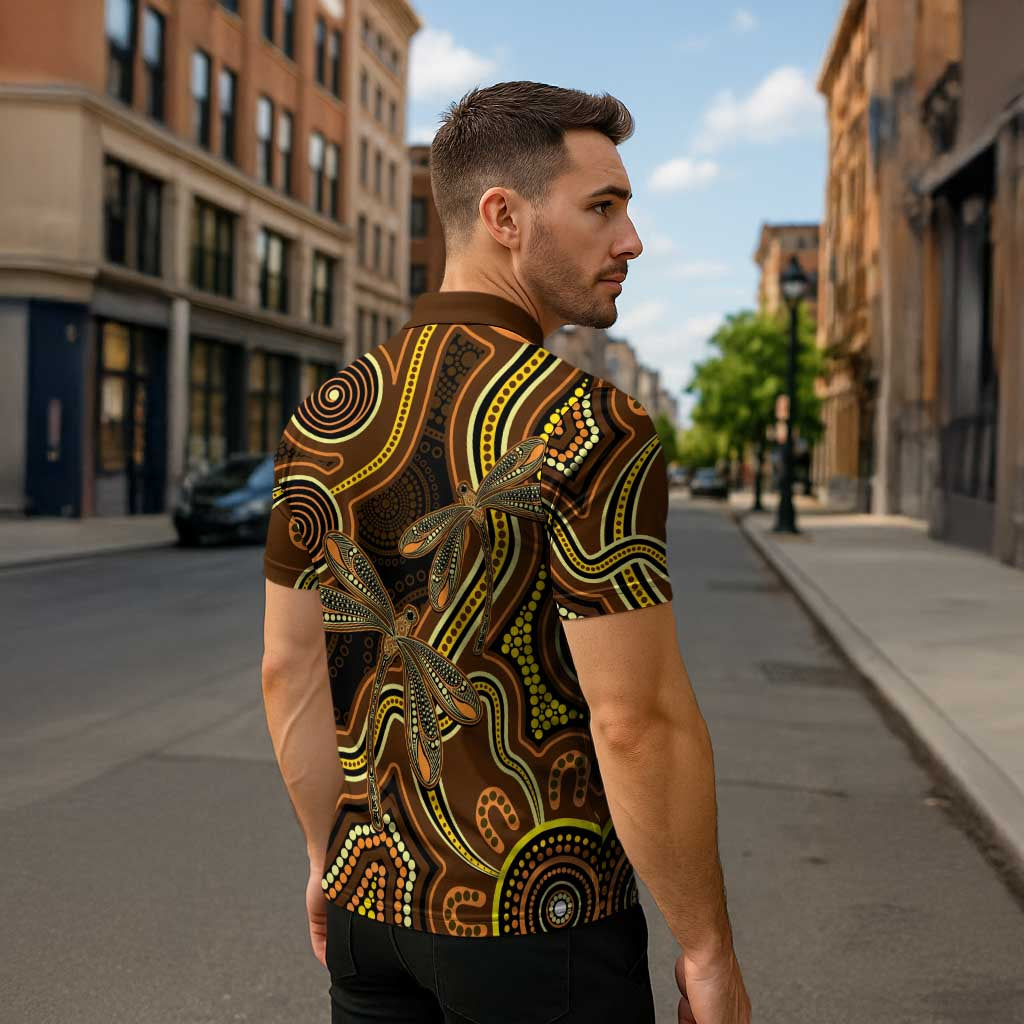 Orange Indigenous Dragonfly Australia Zipper Polo Shirt Aboriginal Art - Aussie Hoodie