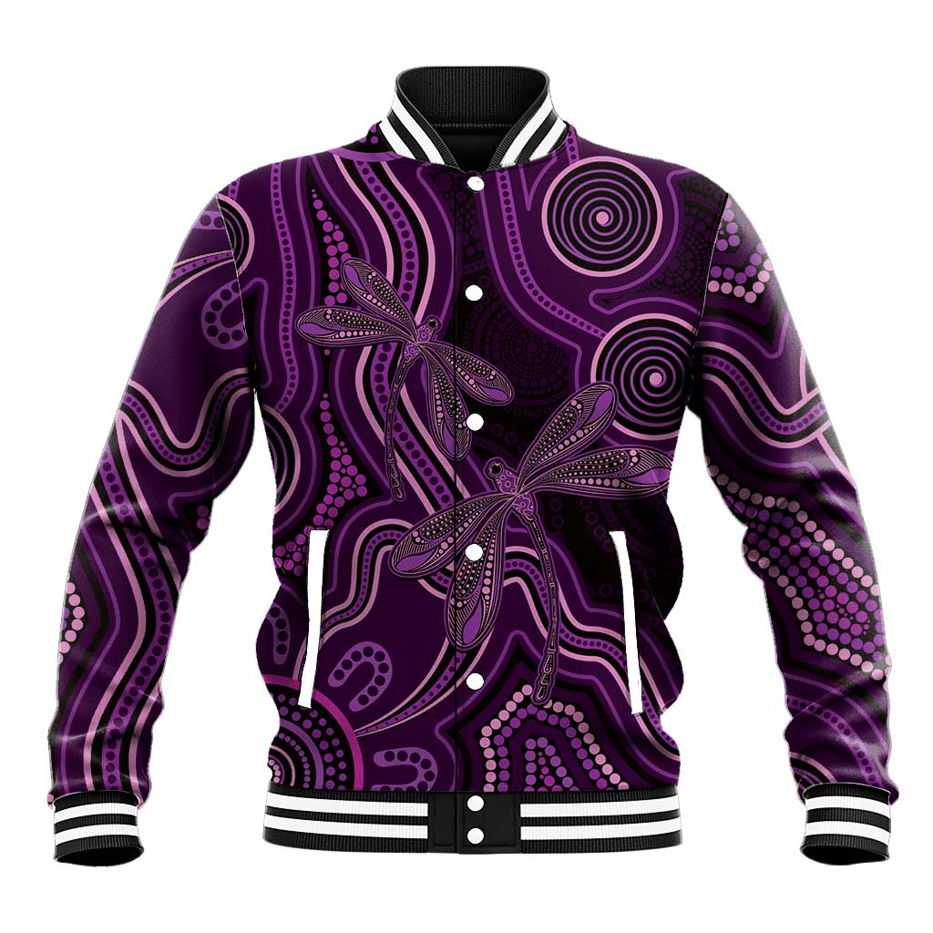 Purple Indigenous Dragonfly Australia Baseball Jacket Aboriginal Art - Aussie Hoodie
