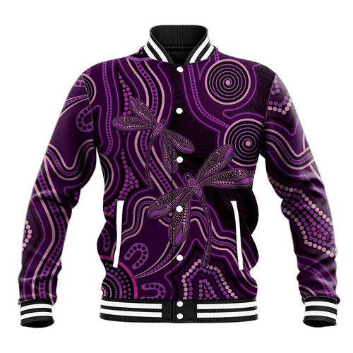 Purple Indigenous Dragonfly Australia Baseball Jacket Aboriginal Art - Aussie Hoodie