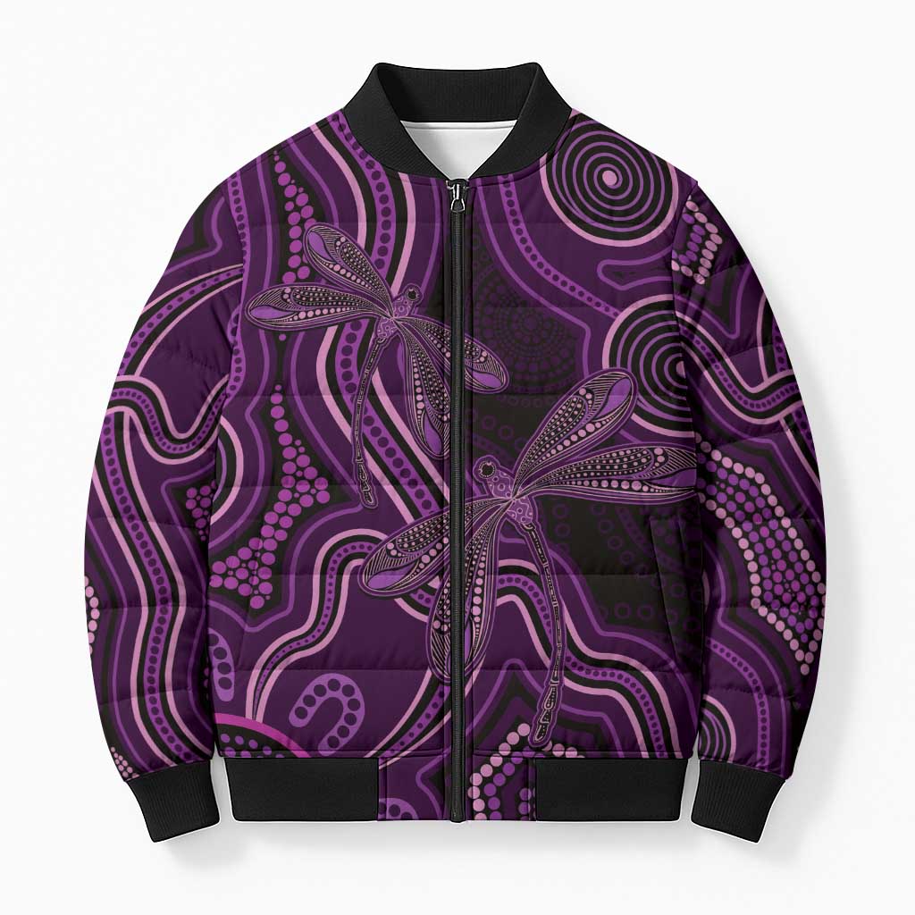 Purple Indigenous Dragonfly Australia Bomber Puffer Jacket Aboriginal Art - Aussie Hoodie