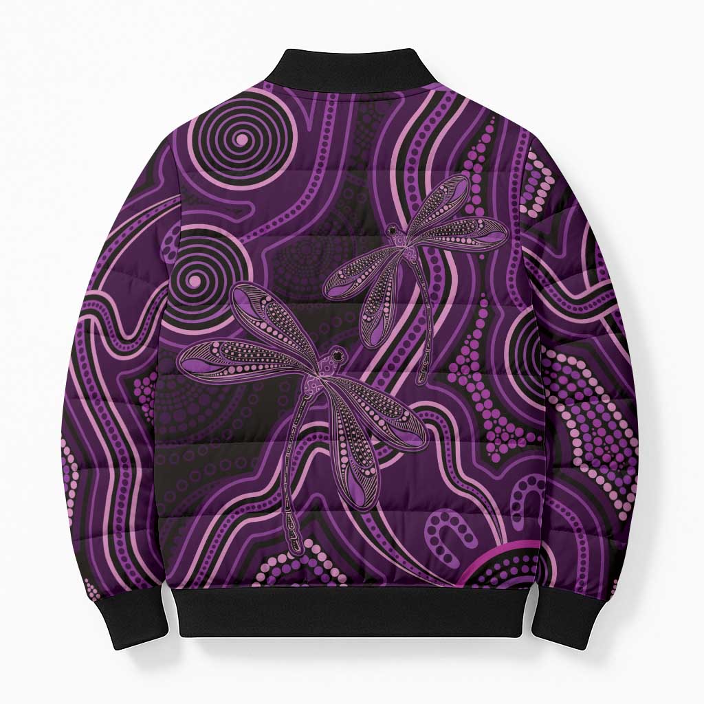 Purple Indigenous Dragonfly Australia Bomber Puffer Jacket Aboriginal Art - Aussie Hoodie