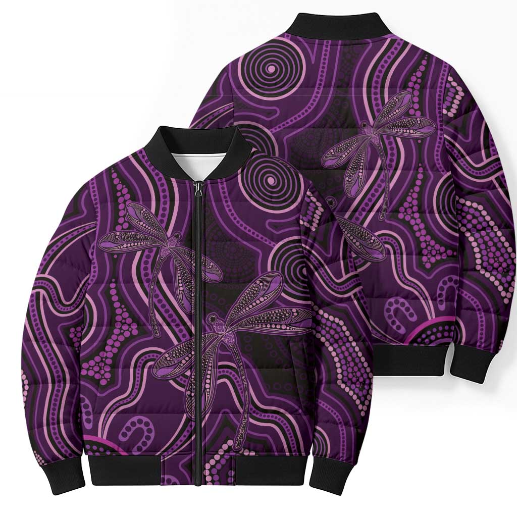 Purple Indigenous Dragonfly Australia Bomber Puffer Jacket Aboriginal Art - Aussie Hoodie