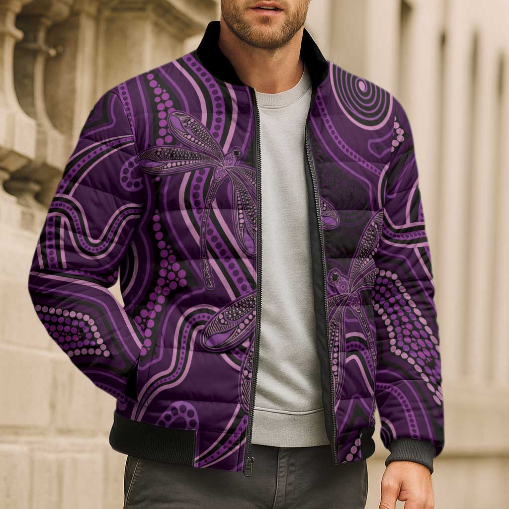 Purple Indigenous Dragonfly Australia Bomber Puffer Jacket Aboriginal Art - Aussie Hoodie